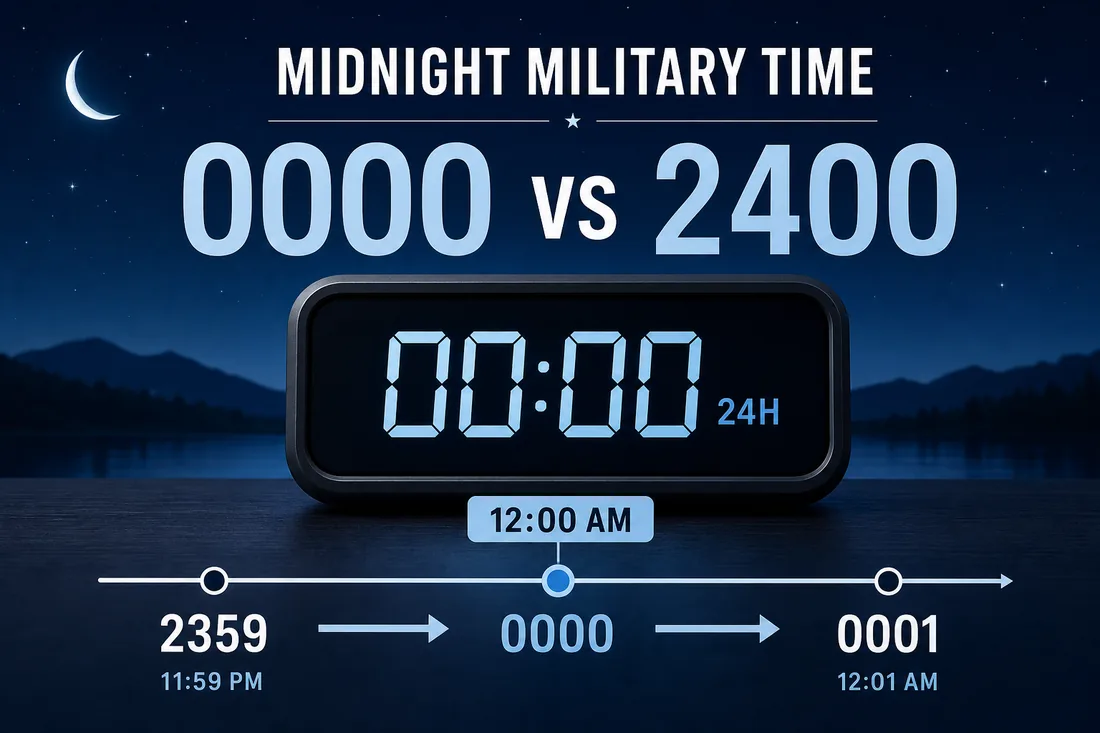 Digital midnight military time comparison showing 0000 versus 2400 and 12:00 AM on a 24-hour timeline